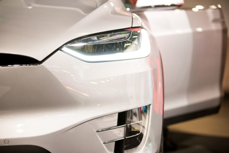 Close-up of a white Tesla