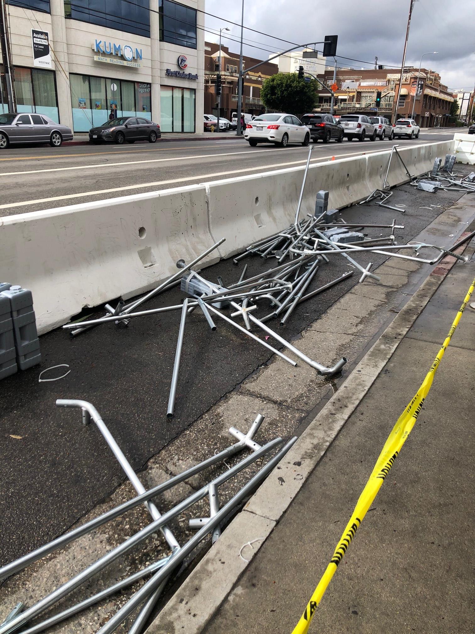 metal framework of broken outdoor dining canopy