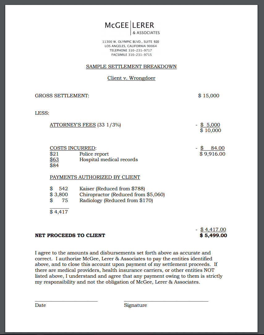 McGee, Lerer & Associates settlement breakdown document
